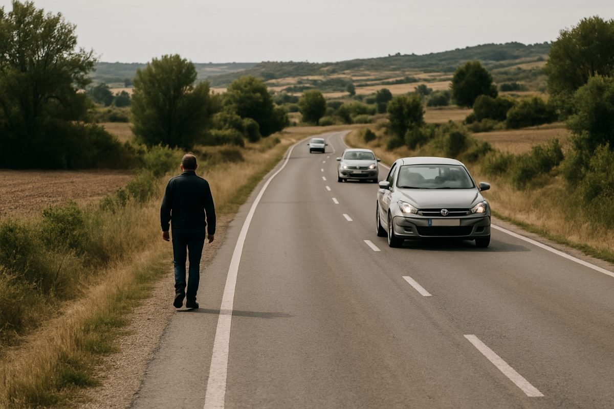 En una carretera sin acera ni arcén, un peatón debe caminar, por norma general: