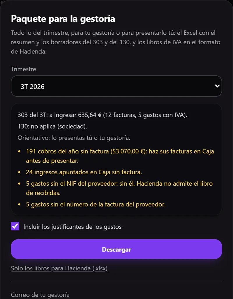 Paquete para la gestoría en IAMESS: el trimestre, el resumen del 303 con sus avisos y el botón Descargar