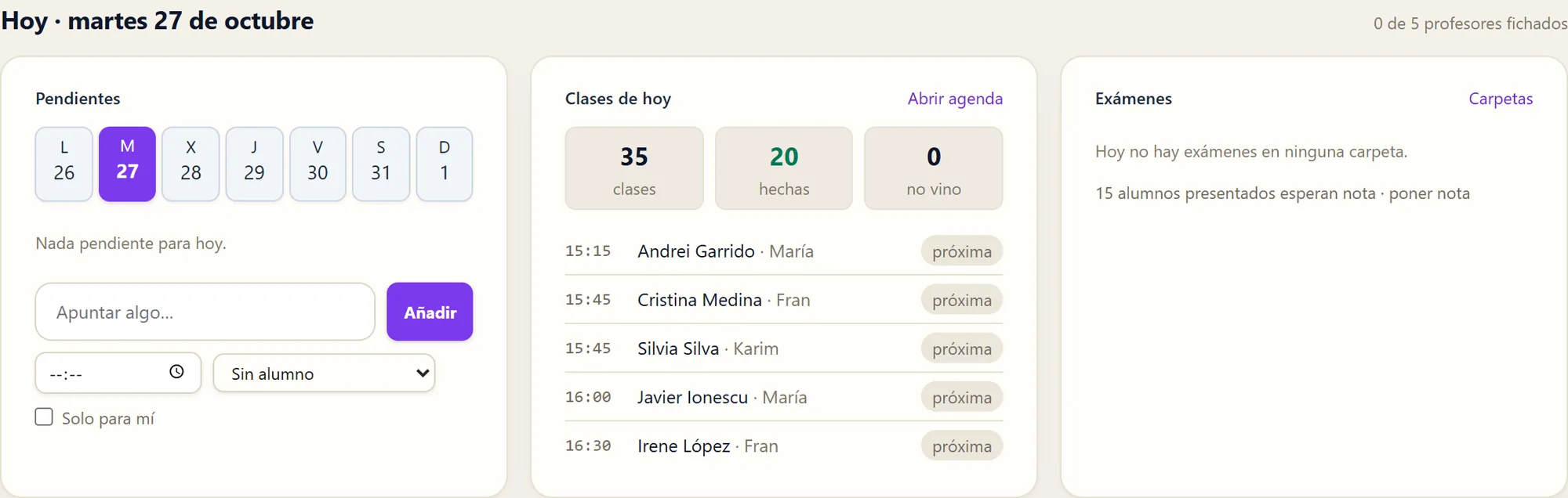 El bloque Hoy del panel de IAMESS en modo claro