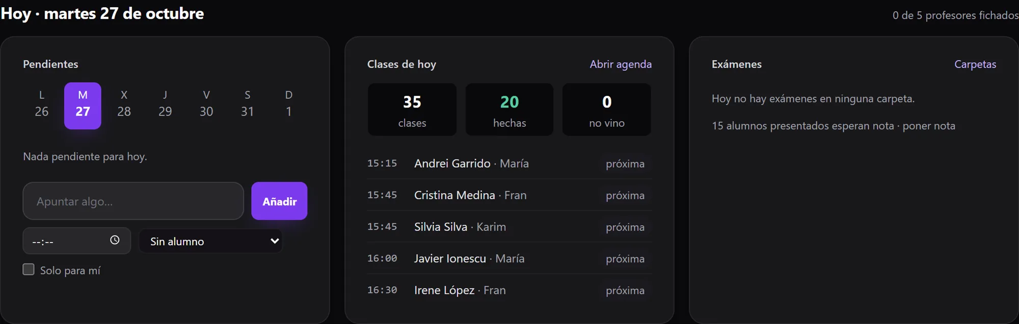 El bloque Hoy del panel de IAMESS: lo pendiente, 35 clases de las que 20 ya están hechas, las próximas con su hora y su profesor, y los exámenes