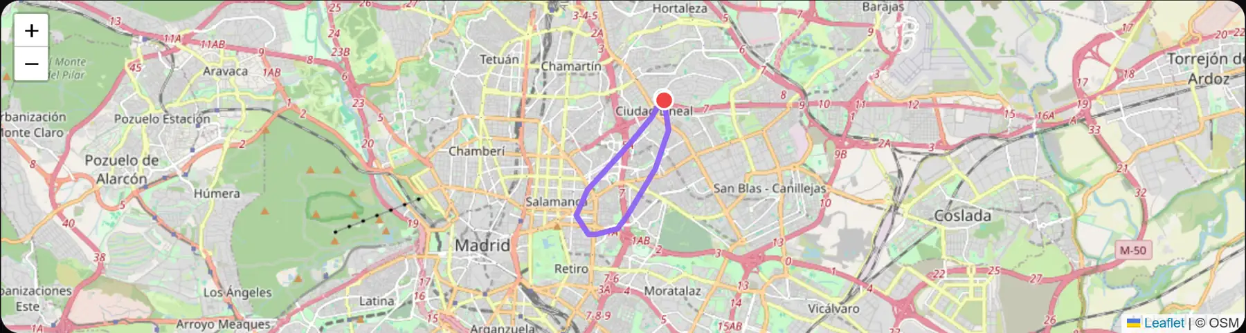 Una ruta de prácticas dibujada sobre el mapa de Madrid en IAMESS