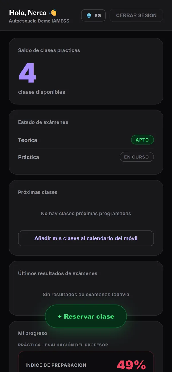 Portal del alumno de IAMESS: saldo de clases, estado de los exámenes y botón Reservar clase